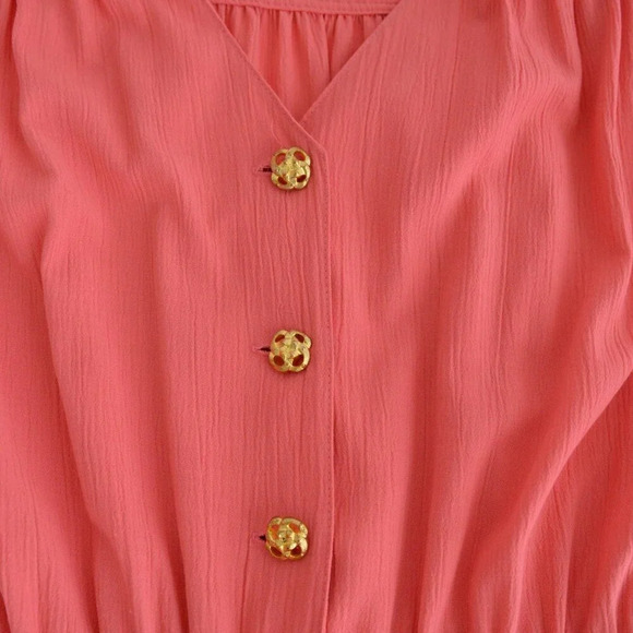 Vintage Cannes Collection Petite Coral Short Sleeve Gold  Button Midi Dress 9/10 - Picture 12 of 13